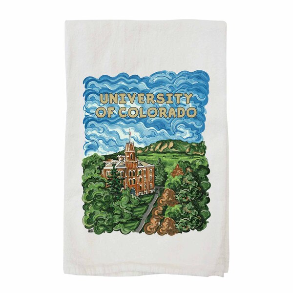 White organic cotton towel with colorful hand-drawn University of Colorado campus illustration and bold text reading “University of Colorado”